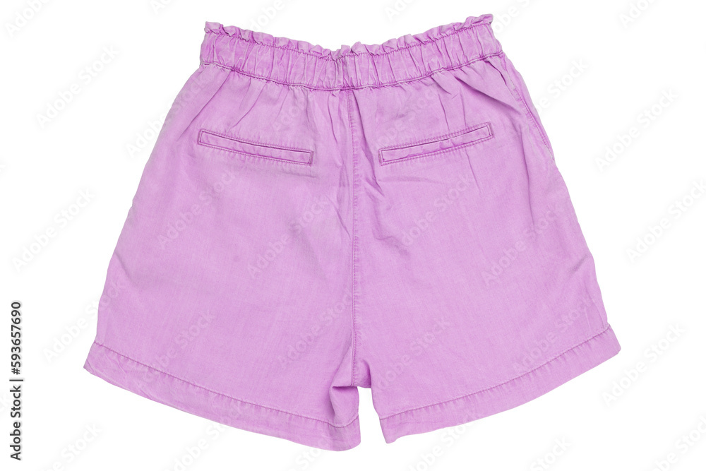 Closeup of a female stylish fashionable light pink short pant with ribbon bow isolated on a white background. Clipping path. Back view. Closeup of a female stylish fashionable light pink short pant with ribbon bow isolated on a white background. Clipping path. Back view.