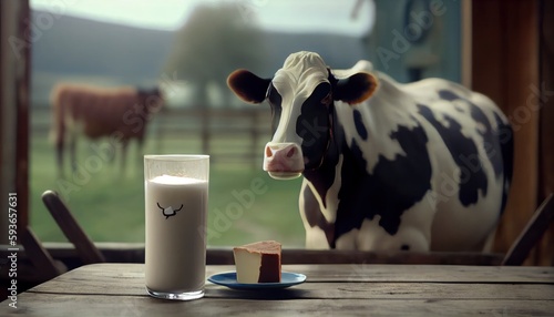 Glass of milk with cows in the background. Generative AI