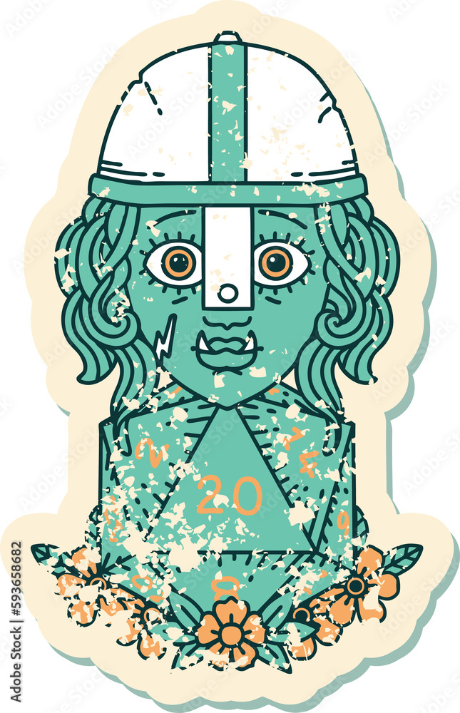 half orc fighter character with natural twenty dice roll illustration half orc fighter character with natural twenty dice roll illustration