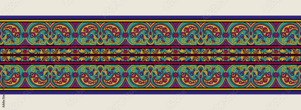 Seamless Asian Paisley Floral Border Design. all over geometrical border vector paisley pattern on brown background. seamless ethnic pattern design.Geometric ethnic oriental.