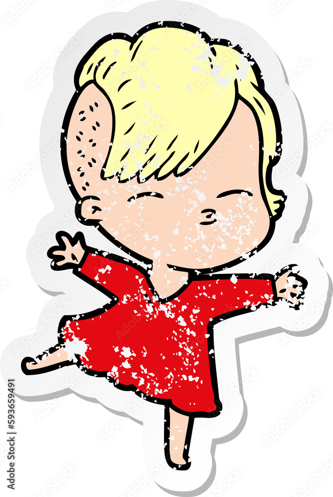 distressed sticker of a cartoon squinting girl