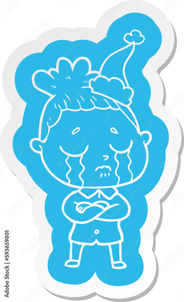 cartoon sticker of a crying woman wearing santa hat cartoon sticker of a crying woman wearing santa hat