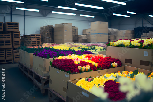 Various cut colorful flowers, roses, tulips, lisianthus, chrysanthemums, lilies and others for bouquets packed in boxes refrigerator warehouse, ready for import transportation for sale. Generative AI
