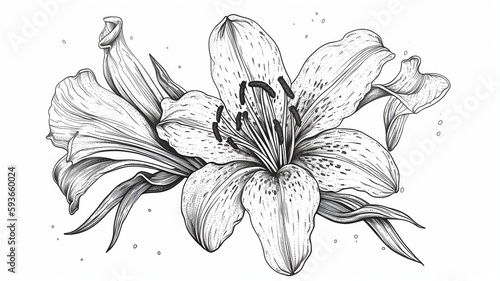 Black & White Hand Drawing Of Lily With Leaves On Isolated Background, Generative Ai