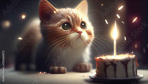 first birthday of pretty kitten with pie, watching flaming candle