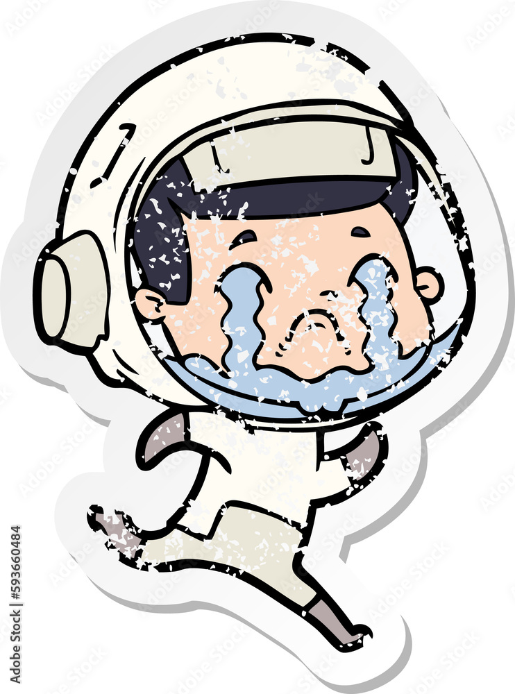 distressed sticker of a cartoon crying astronaut distressed sticker of a cartoon crying astronaut