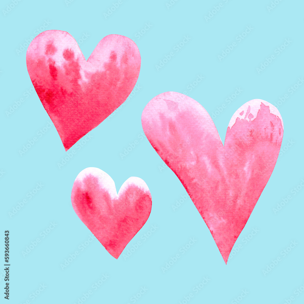 Three watercolor pink romantic hearts hand drawn on blue background