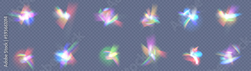 Realistic diamond reflection, rainbow light optical effect Colorful collection, bright spectrum glow rays. Rainbow effect overlay, prismatic crystal refraction.
