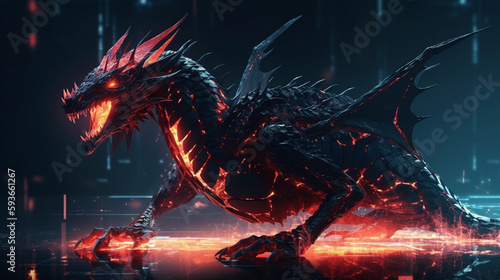 Black Dragon with glowing red features with a cyber background. Wallpaper image