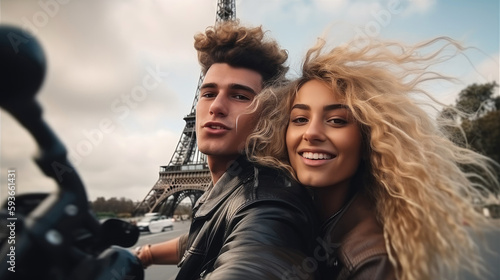Young couple enjoying each other taking a selfie in Paris riding a scooter. Generative AI © piai