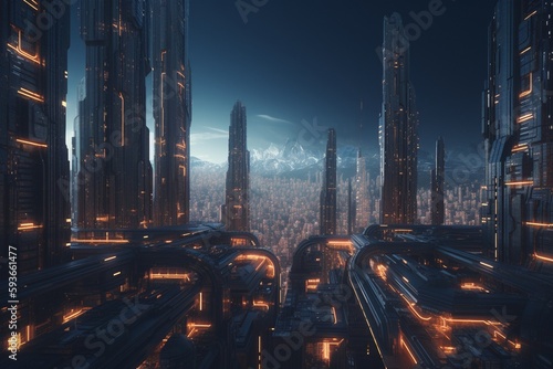 A futuristic cityscape with advanced energy production and distribution technology  Generative AI