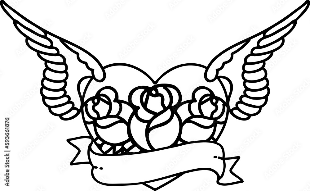 black line tattoo of a flying heart with flowers and banner black line tattoo of a flying heart with flowers and banner