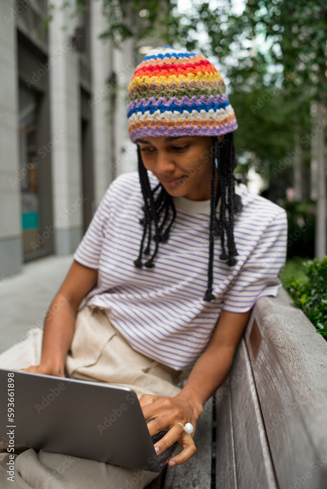 Remote work With Laptop on outdoor bench Remote work With Laptop on outdoor bench
