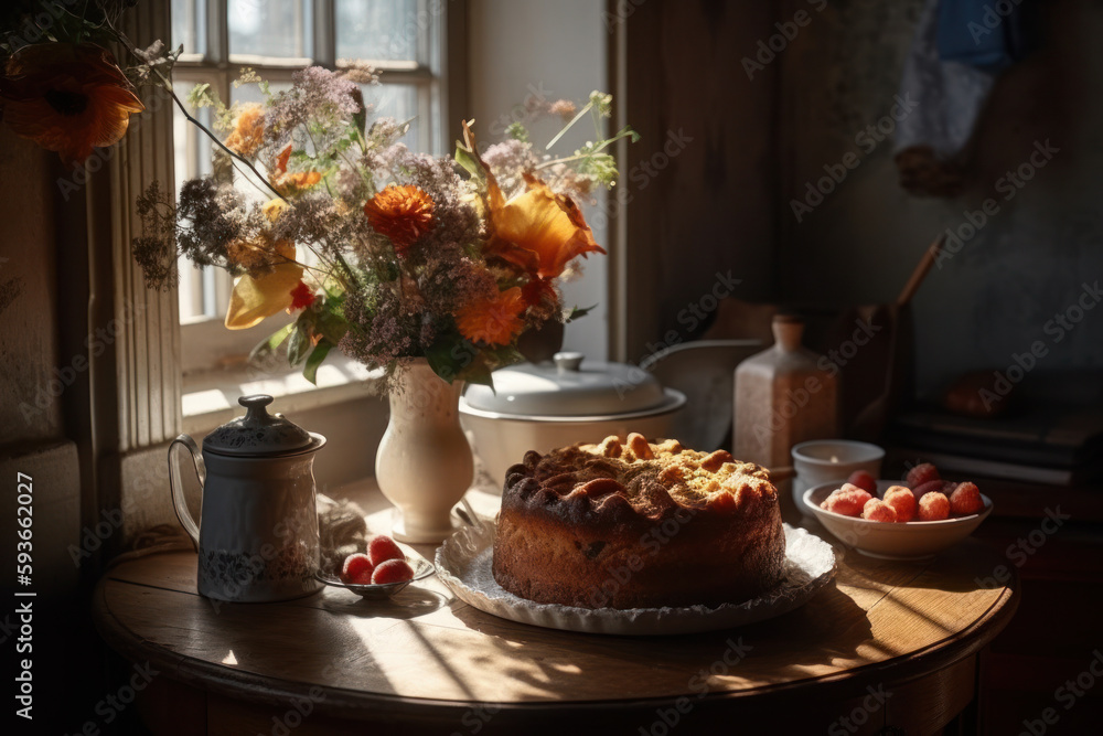 Naklejka premium A cake and a vase with flowers placed on a table. Created using generative Al tools.