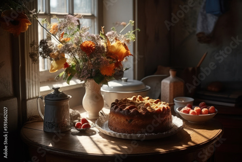 A cake and a vase with flowers placed on a table. Created using generative Al tools.