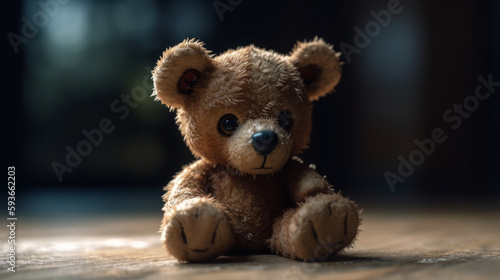 Realistic little cute baby bear doll character sitting on the ground isolated on background. AI generated © ArtStage