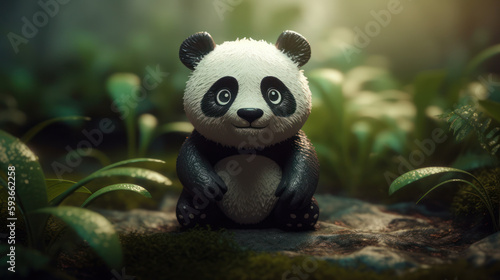 Super Cute little baby Panda bear in the forest. Funny small cartoon character with big eyes. AI generated © ArtStage