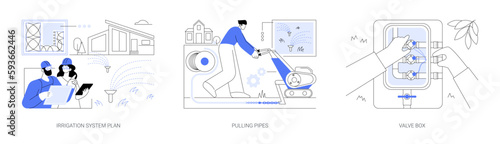 Irrigation system installation abstract concept vector illustrations.
