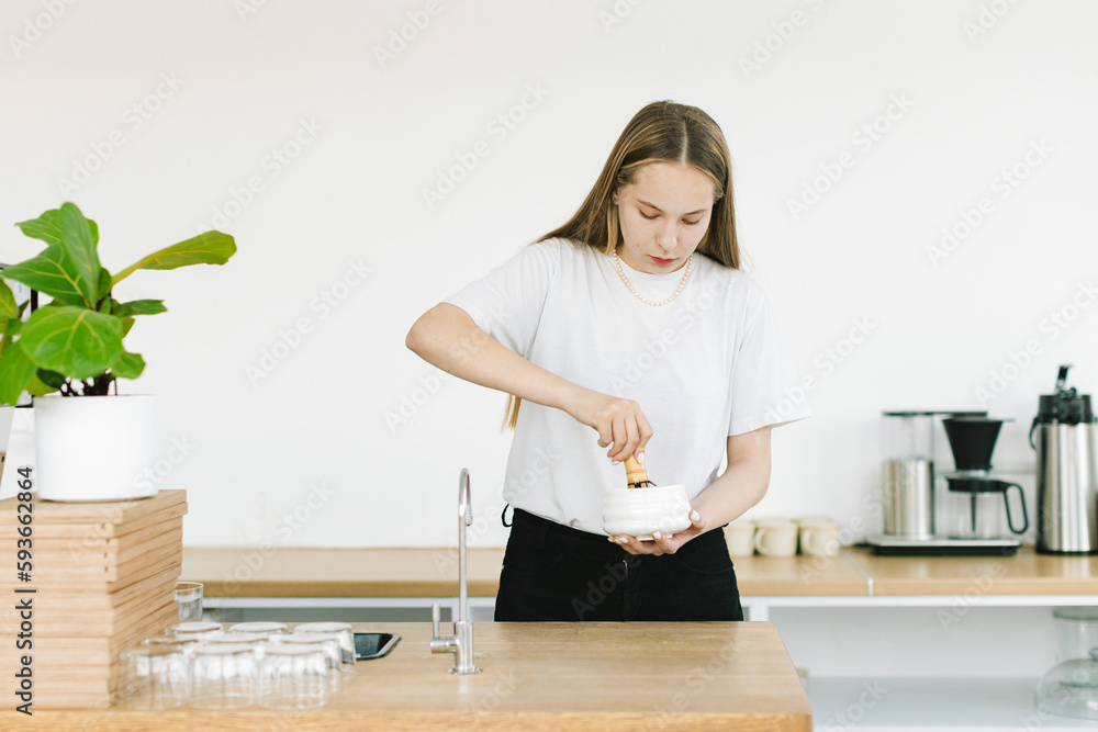Attractive Barista is Working at Stand in Cafe Attractive Barista is Working at Stand in Cafe