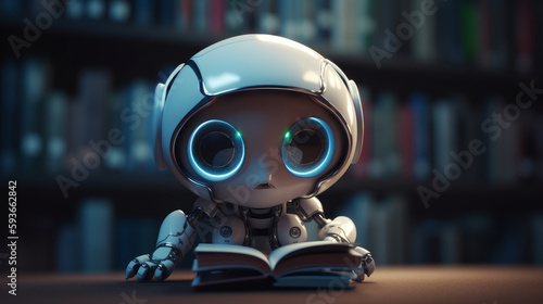 Cute robot with beautiful eyes reading a book cartooon a blurred background with stones and leaves. Al generated
