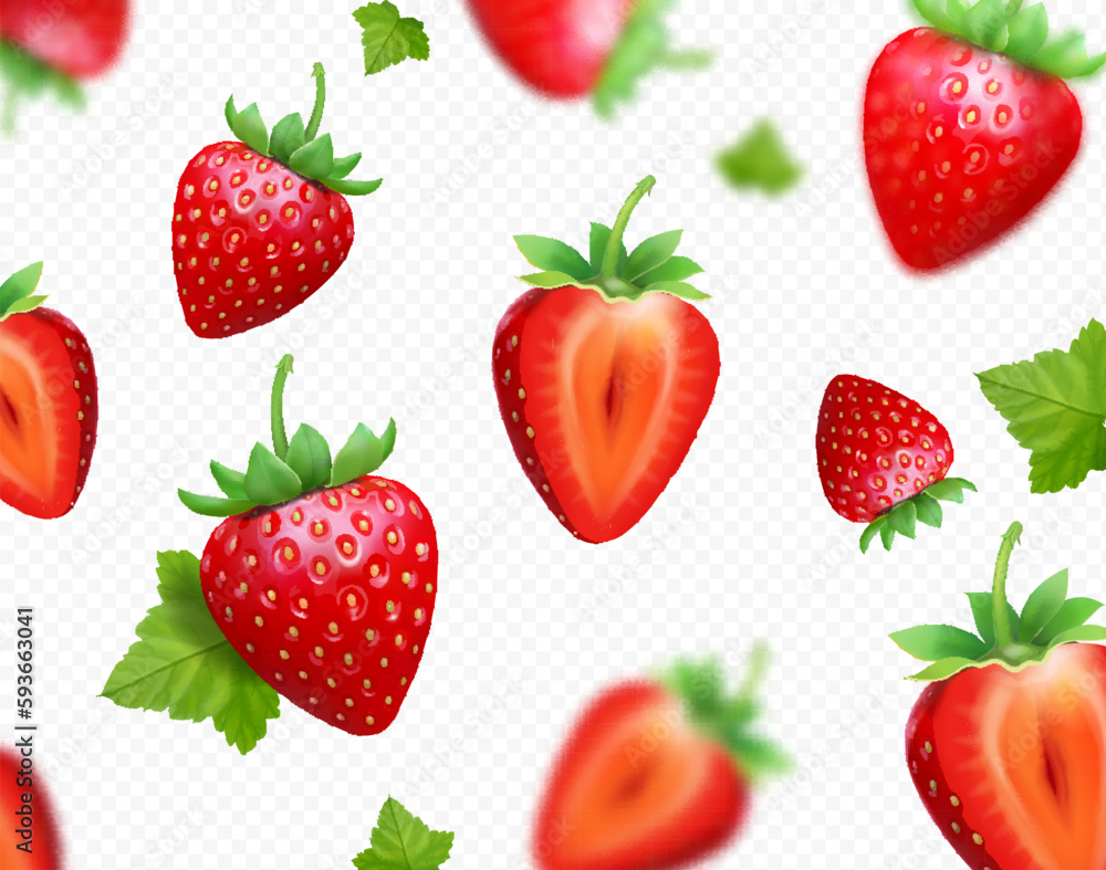 Red strawberry with green leaves falling on transparent background. Blurred flying strawberry berries. Vector 3d realistic illustration. Red strawberry with green leaves falling on transparent background. Blurred flying strawberry berries. Vector 3d realistic illustration.