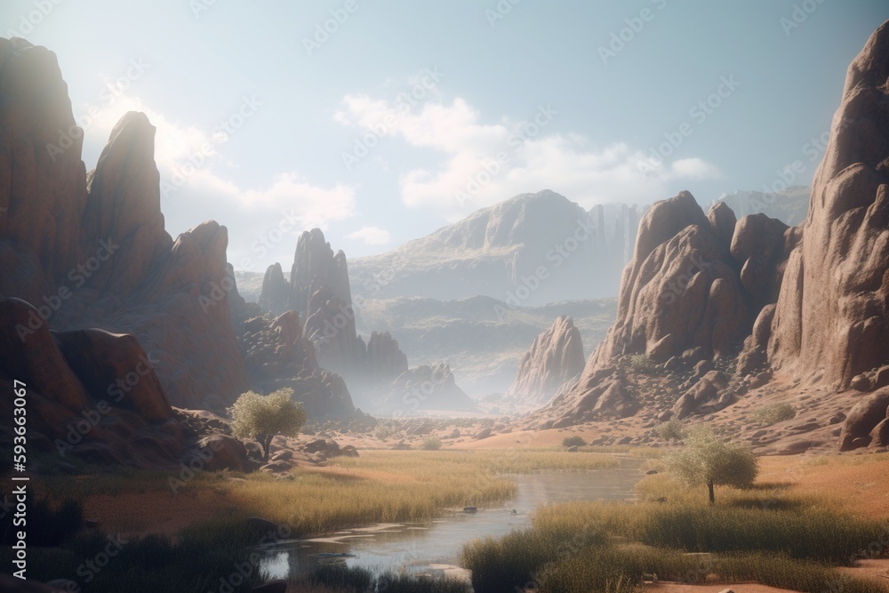 A minimalist landscape with a scenic valley or canyon, Generative AI