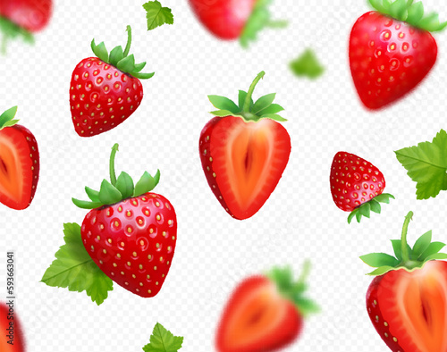 Fototapeta Naklejka Na Ścianę i Meble -  Red strawberry with green leaves falling on transparent background. Blurred flying strawberry berries. Vector 3d realistic illustration.