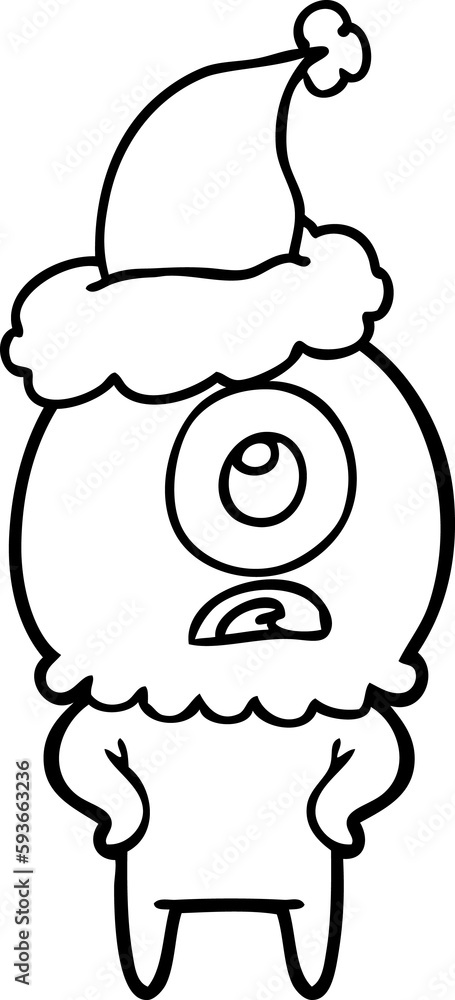 Obraz premium line drawing of a cyclops alien spaceman wearing santa hat