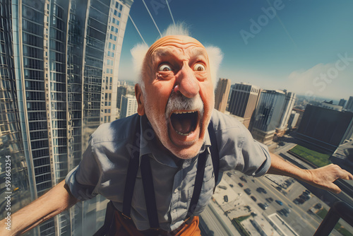 Base jumper man grandfather pensioner active old age bungee jumping from a skyscraper on the streets of the metropolis. Generative AI. photo