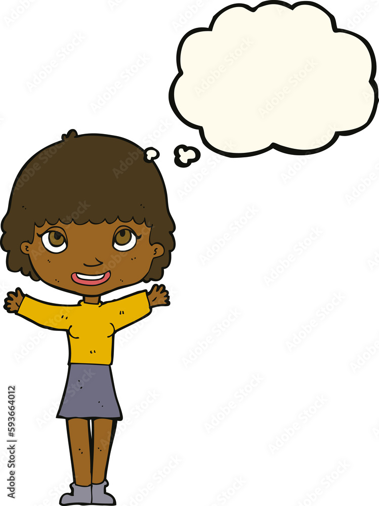 cartoon woman waving with thought bubble cartoon woman waving with thought bubble