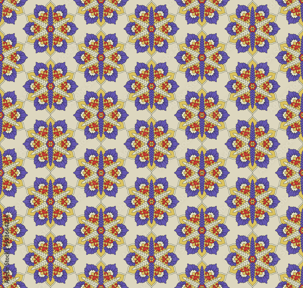 Colorful ikat pattern in vintage style. Elegant ethnic background. Hand drawn oriental art. Seamless geometric vintage texture.