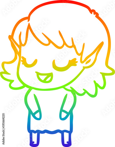 rainbow gradient line drawing happy cartoon elf girl