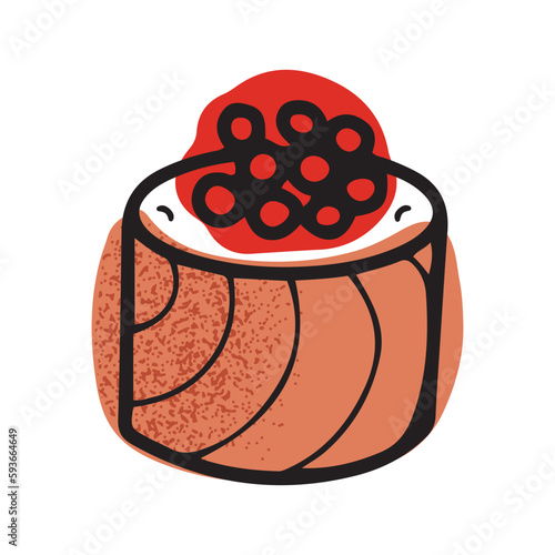 Hand drawn roll sushi with salmon and caviar in line doodle style, Japanese cuisine. Isolated vector illustration.