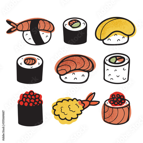 Hand drawn set with different roll and nigiri sushi types, isolated vector illustration in doodle line design