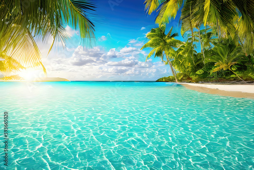 Tropical view with palm trees and beautiful turquoise sea and beach with white sand, tropical vacation landscape. Generative Ai. © Cobalt