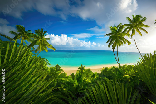 Tropical view with palm trees and beautiful turquoise sea and beach with white sand  tropical vacation landscape. Generative Ai.
