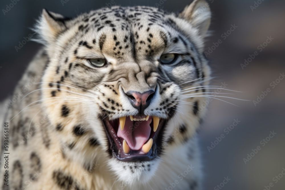 angry snow leopard with ears back and showing teeth looking at camera.