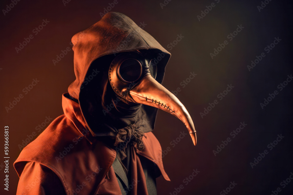 A plague doctor wearing a beaked mask against a solid dark color studio ...
