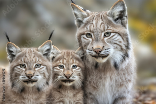 lynx with her cubs looking at the camera. © Giovanna