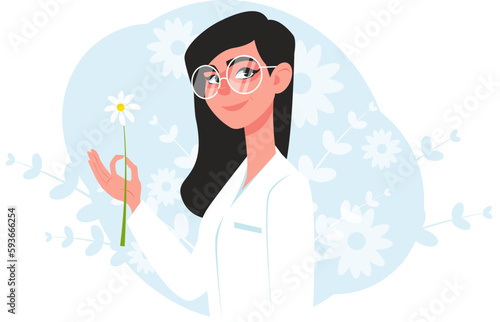 Woman doctor homeopath, herbal medicine, alternative medicine. Stock vector illustration
