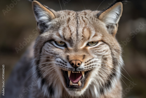 angry lynx with ears back and showing teeth looking at camera.