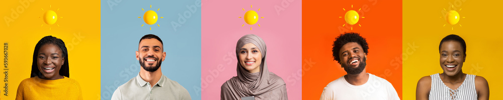 Fototapeta premium Cheerful smiling millennial arabic and black people with sun over head isolated on colored studio background