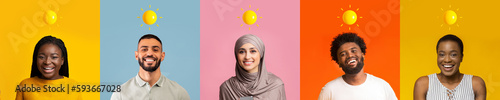 Cheerful smiling millennial arabic and black people with sun over head isolated on colored studio background