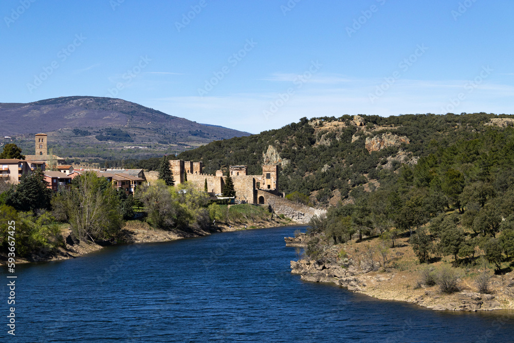 Panoramic view from the river viewpoint of the town of Buitrago del Lozoya. View of the Alcazar and the Coracha