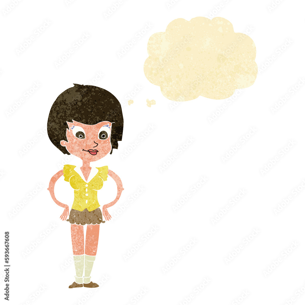 cartoon pretty woman with hands on hips with thought bubble cartoon pretty woman with hands on hips with thought bubble