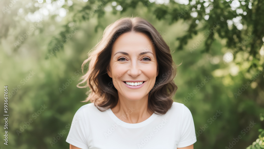 Portrait of mature adult woman with brown hair, white t-shirt and green blurry background. Generative AI Portrait of mature adult woman with brown hair, white t-shirt and green blurry background. Generative AI