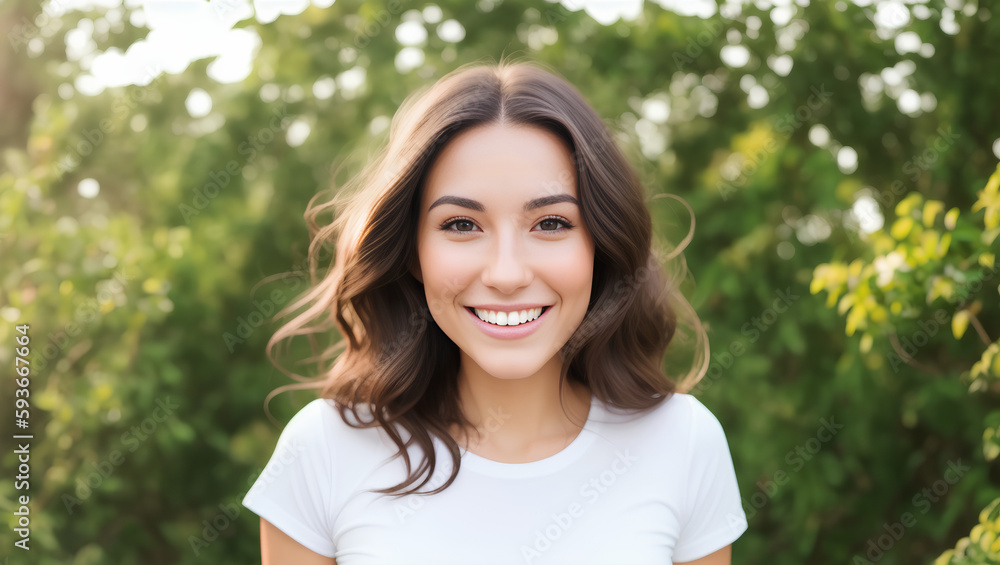 Portrait of young natural woman with smile, brown hair, white t-shirt and green blurry background. Generative AI Portrait of young natural woman with smile, brown hair, white t-shirt and green blurry background. Generative AI