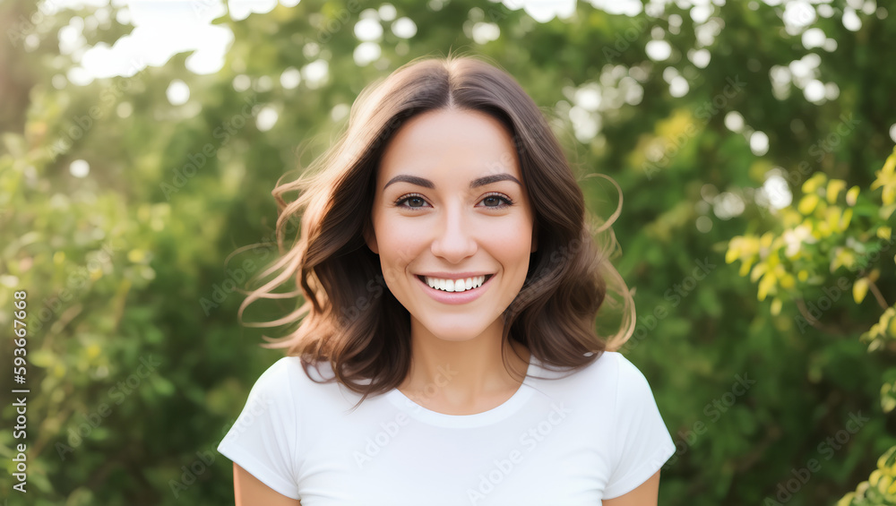 Portrait of young natural woman with smile, brown hair, white t-shirt and green blurry background. Generative AI Portrait of young natural woman with smile, brown hair, white t-shirt and green blurry background. Generative AI