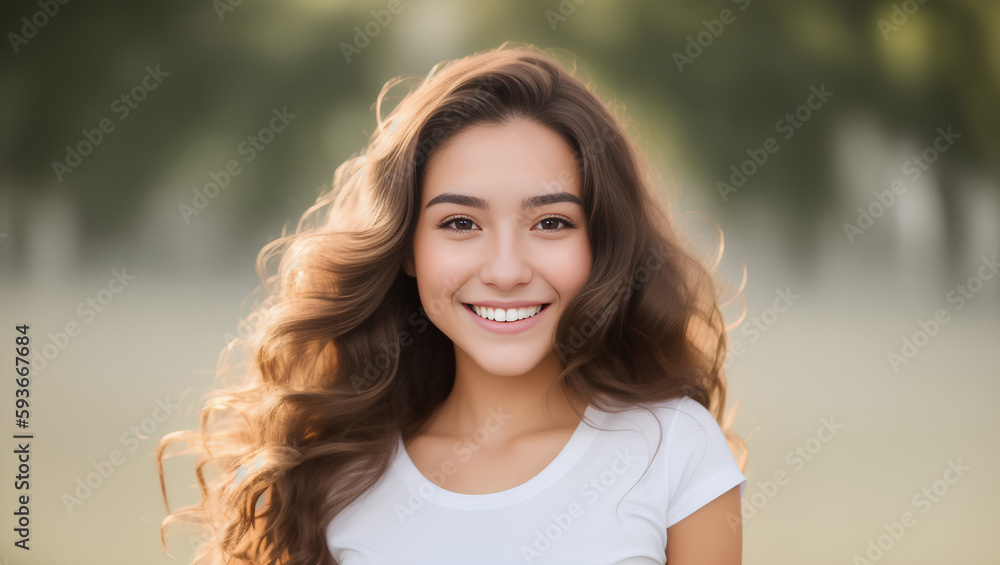 Portrait of young natural teenager girl with smile, brown hair, white t-shirt and green blurry background. Generative AI