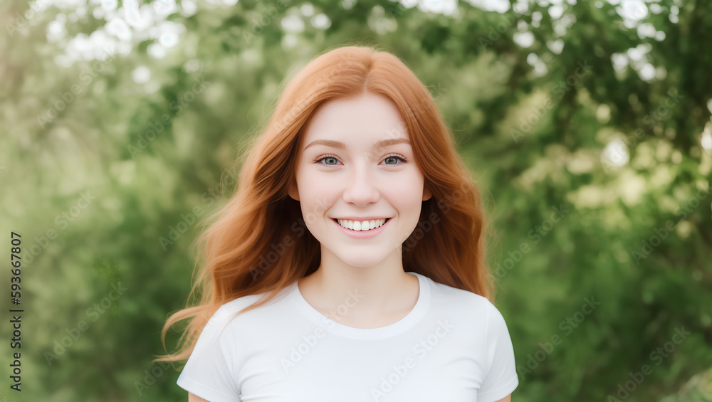 Portrait of young teenager girl with red hair, white t-shirt and green blurry background. Generative AI